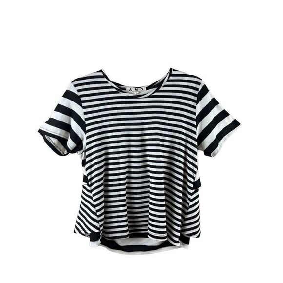 Anthropologie AMO Striped Ruffle Back Short Sleeve Crew Neck Tee Medium B&W - Picture 6 of 11